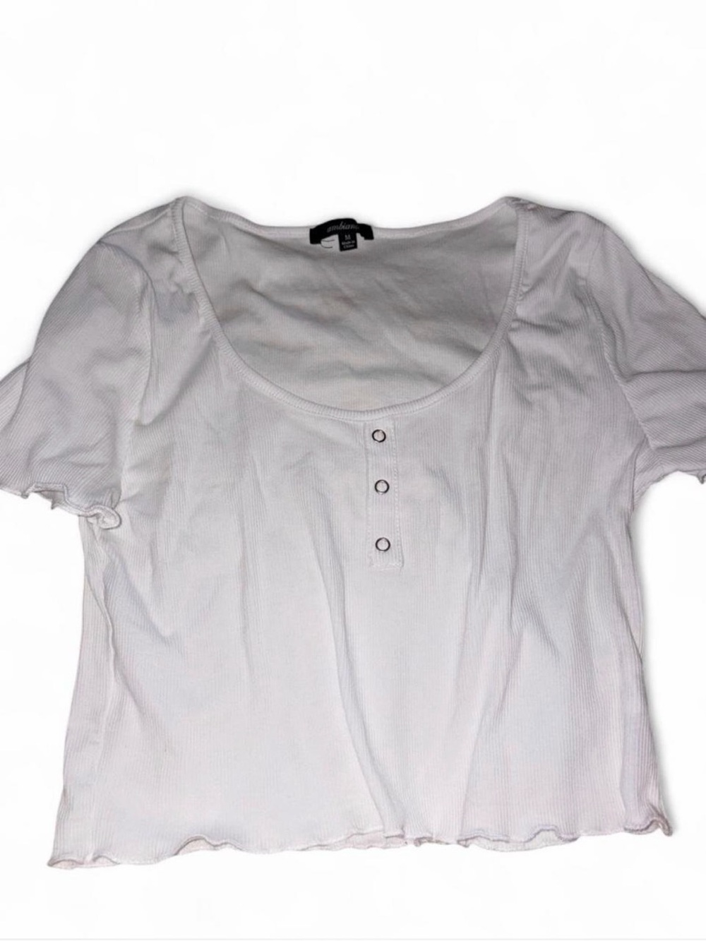 Ambiance White Ribbed Scoop-Neck Crop Top with Button Accent